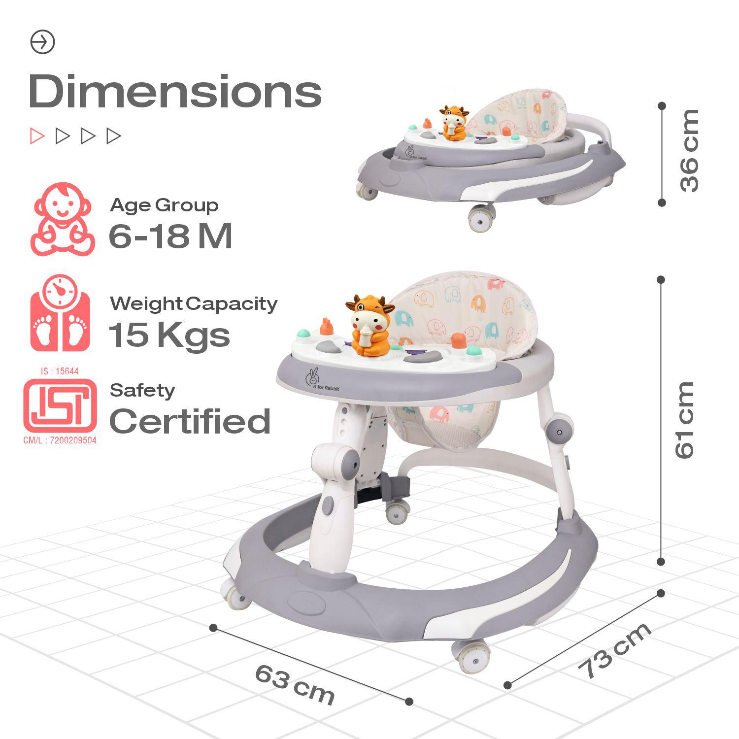 R for Rabbit Little Feet Plus Baby Walker with Rocker 3 Level Height Adjustment and 4 Level Seat Adjustment for Baby Age 9-18 Months Up to 15 KG Weight with Recreational Toy Bar (Grey White)