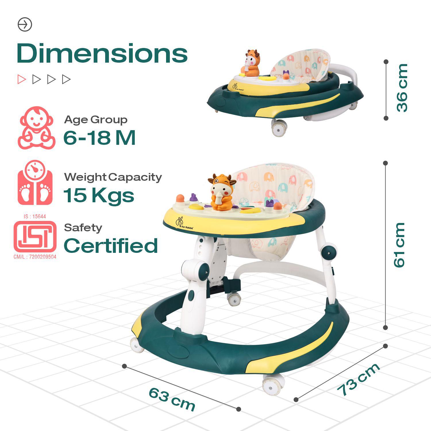 R for Rabbit Little Feet Plus Baby Walker with Rocker 3 Level Height Adjustment and 4 Level Seat Adjustment for Baby Age 9-18 Months Up to 15 KG Weight with Recreational Toy Bar (Green Yellow)