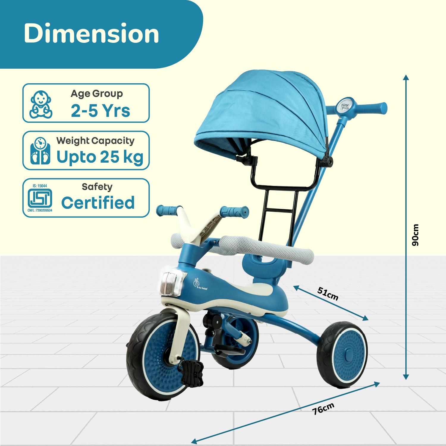 R for Rabbit Tiny Toes Karizma Tricycle for Kids with Light & Music, Parental Control, EVA Wheels, Foldable Footrest, Comfy Seat with Backrest, Baby Trike Cycle for 2-5 Years, Up to 25kg (Blue Grey)