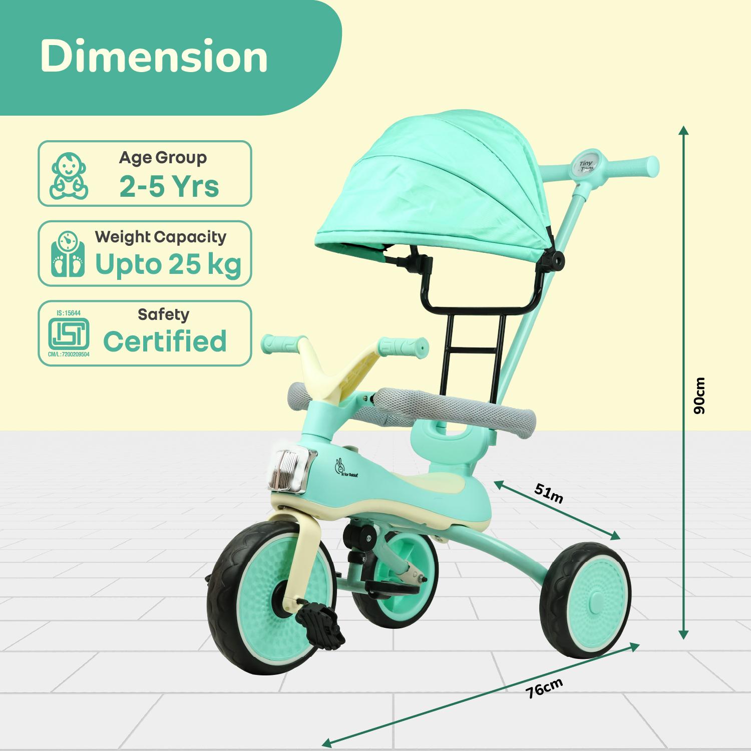 R for Rabbit Tiny Toes Karizma Tricycle for Kids with Light & Music, Parental Control, EVA Wheels, Foldable Footrest, Comfy Seat with Backrest, Baby Trike Cycle for 2-5 Years, Up to 25kg (Green Cream)