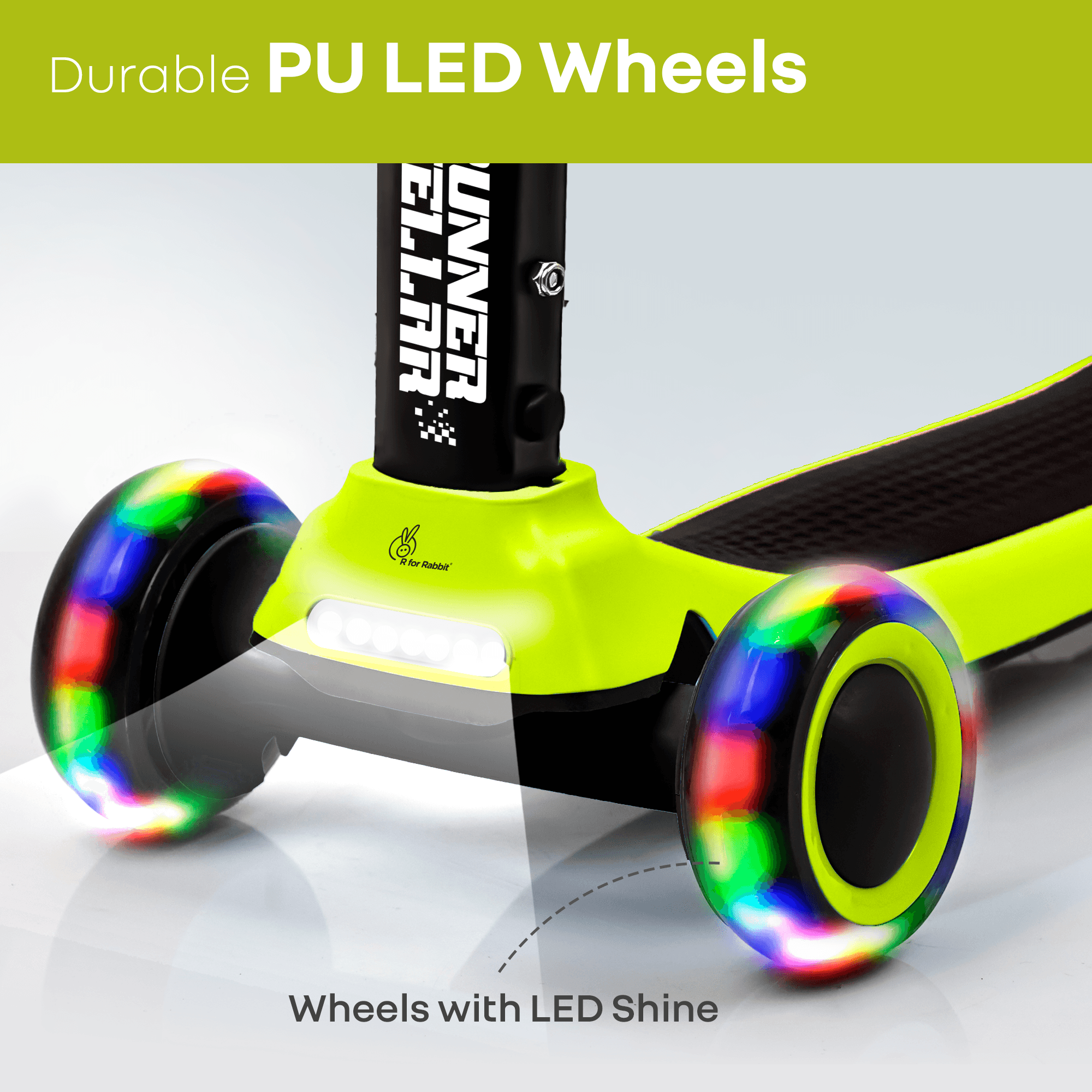 R for Rabbit Road Runner Stellar Kids Scooter with Bluetooth Music & Lights, 3-Level Adjustable Height, PU LED Wheels | Kick Scooter for 3+ Years Baby Boy and Girl Weight Up to 75 kg (Neon Black)