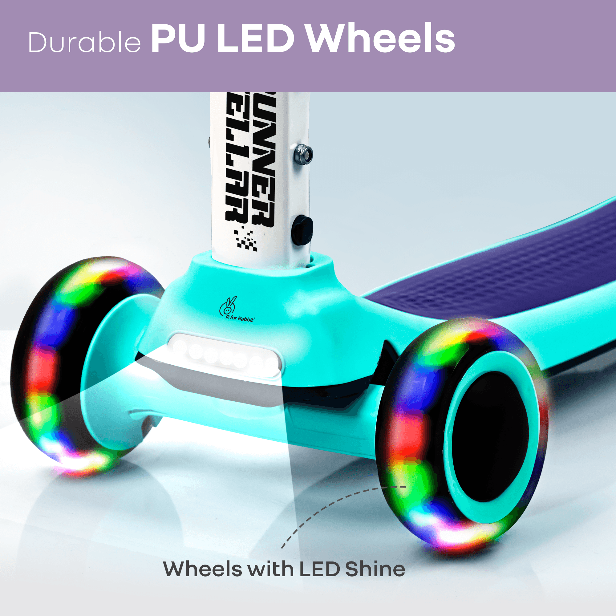R for Rabbit Road Runner Stellar Kids Scooter with Bluetooth Music & Lights, 3-Level Adjustable Height, PU LED Wheels | Kick Scooter for 3+ Years Baby Boy and Girl Weight Up to 75 kg (Green Purple)