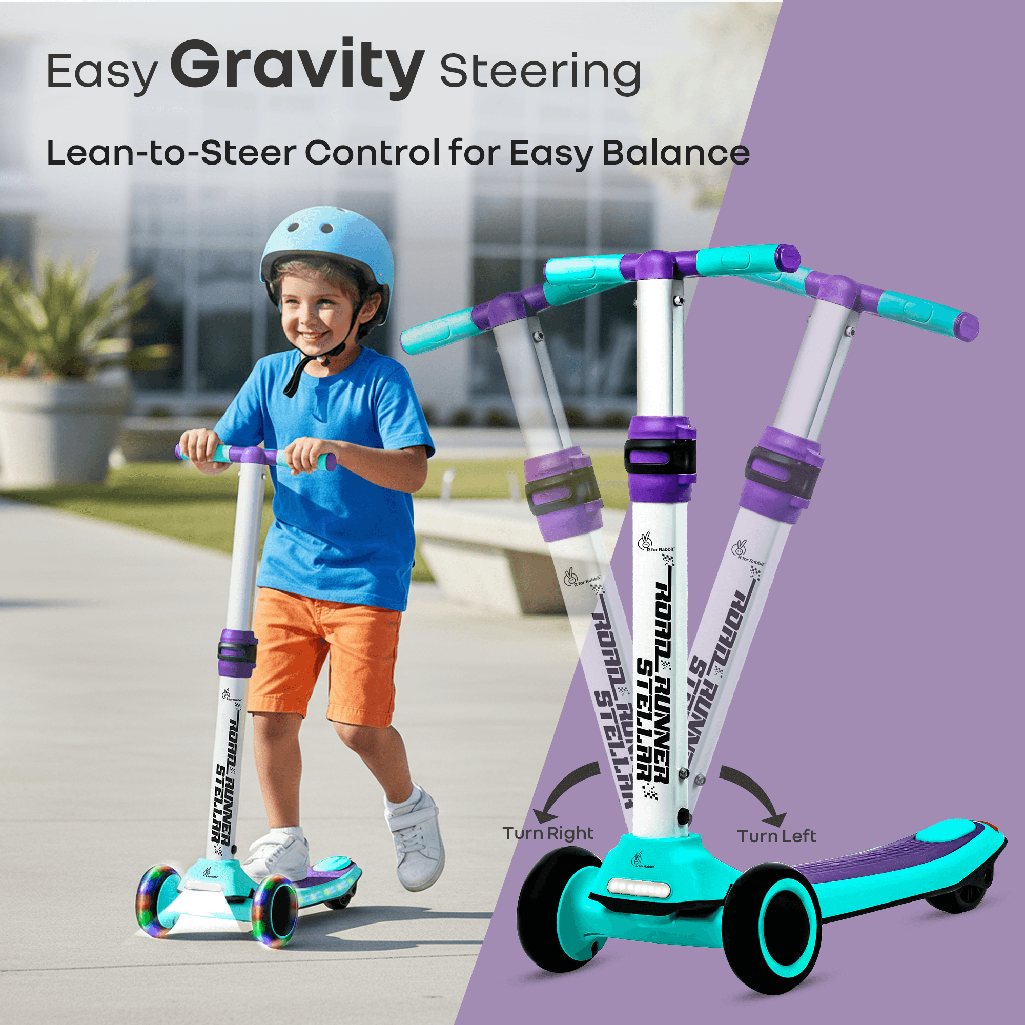 R for Rabbit Road Runner Stellar Kids Scooter with Bluetooth Music & Lights, 3-Level Adjustable Height, PU LED Wheels | Kick Scooter for 3+ Years Baby Boy and Girl Weight Up to 75 kg (Green Purple)