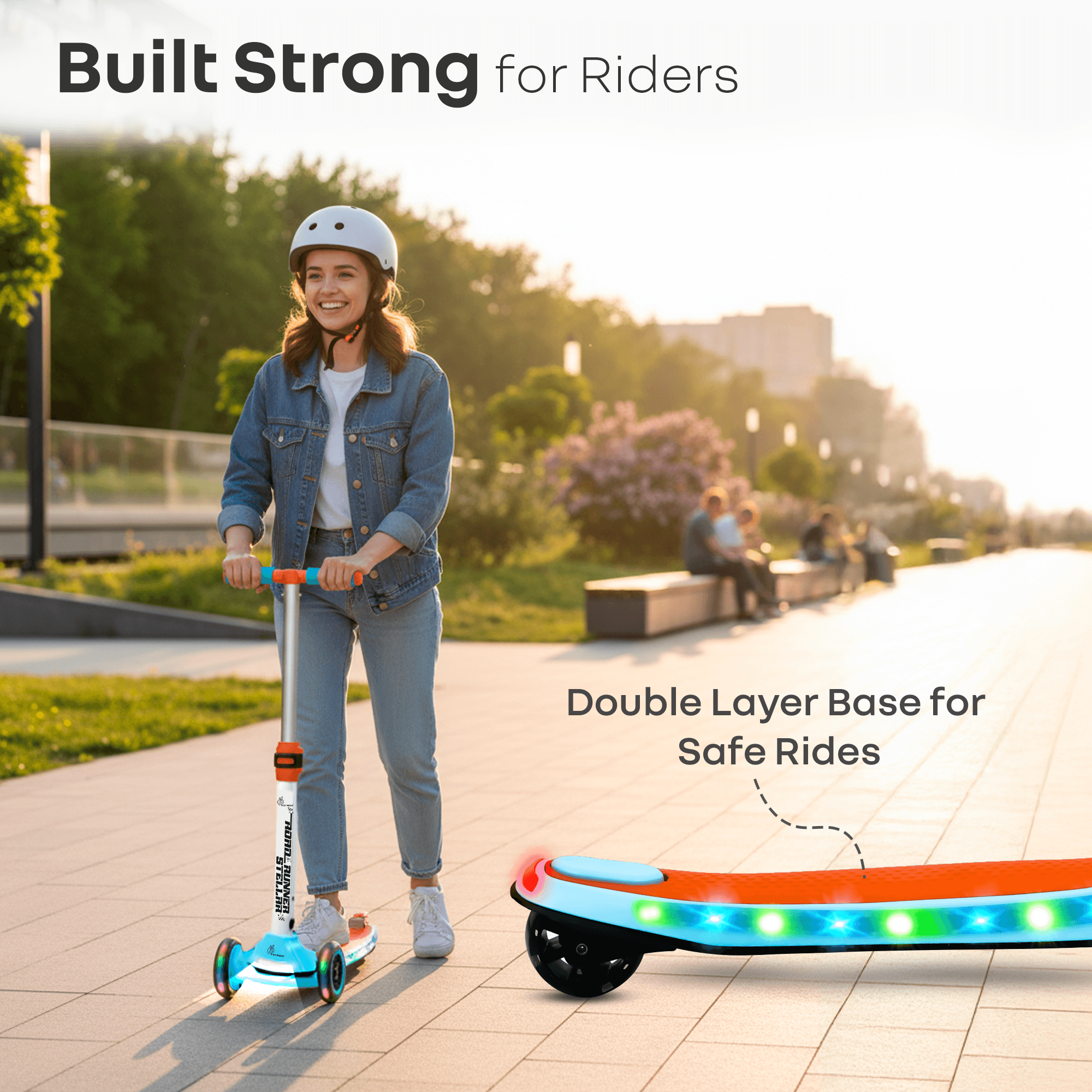 R for Rabbit Road Runner Stellar Kids Scooter with Bluetooth Music & Lights, 3-Level Adjustable Height, PU LED Wheels | Kick Scooter for 3+ Years Baby Boy and Girl Weight Up to 75 kg (Blue Orange)