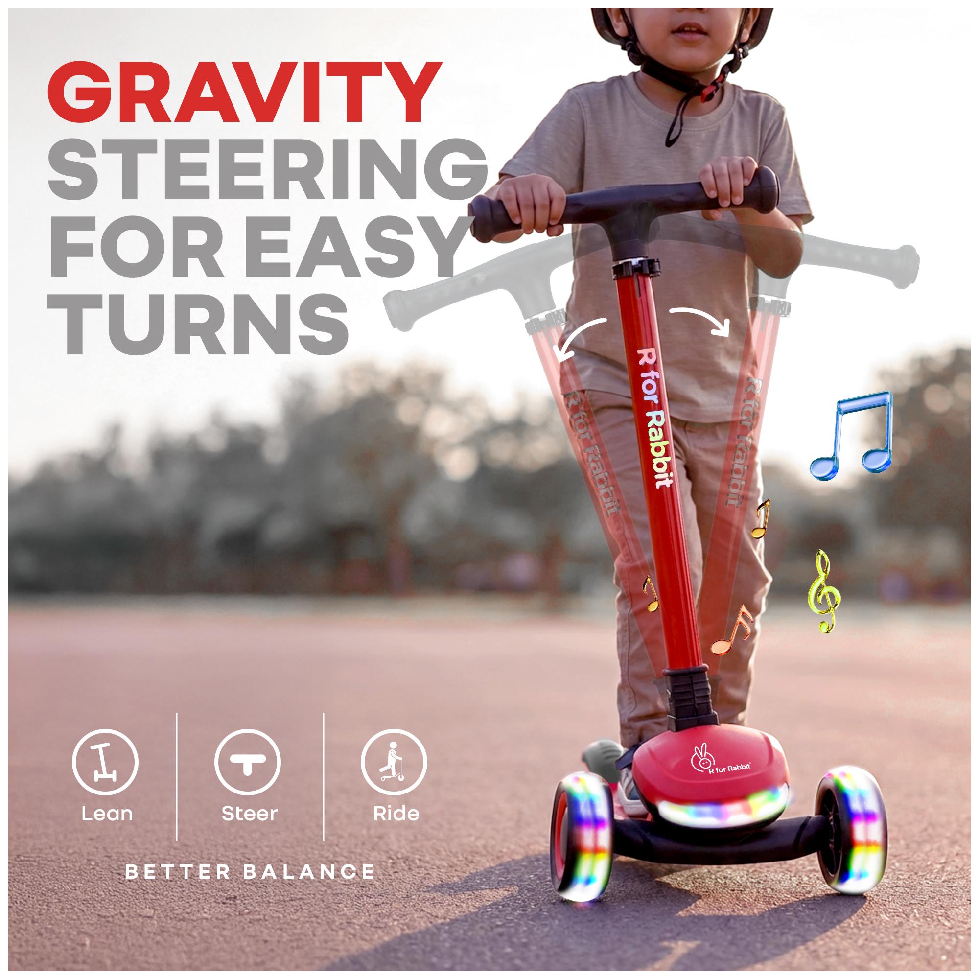 R for Rabbit Road Runner Jazz Foldable Kick Scooter for Kids with Music and Lights, 4 Level Adjustable Height, PU LED Wheels | Skate Scooter for 3+ Years Boys & Girls, Up to 75kg Weight (Red Black)
