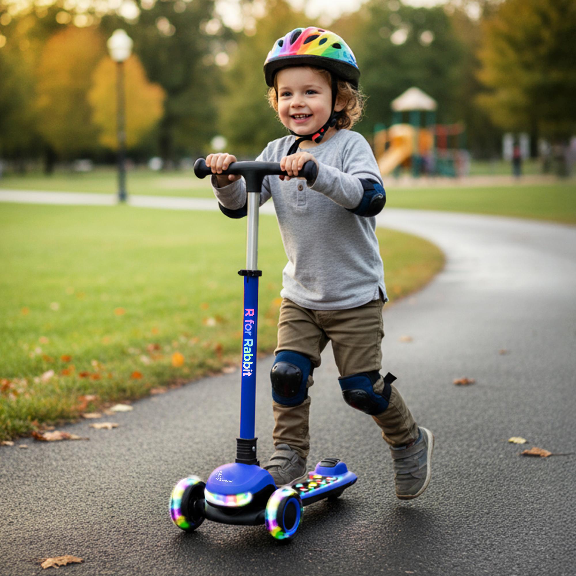 R for Rabbit Road Runner Jazz Foldable Kick Scooter for Kids with Music and Lights, 4 Level Adjustable Height, PU LED Wheels | Skate Scooter for 3+ Years Boys & Girls, Up to 75kg Weight (Blue Black)