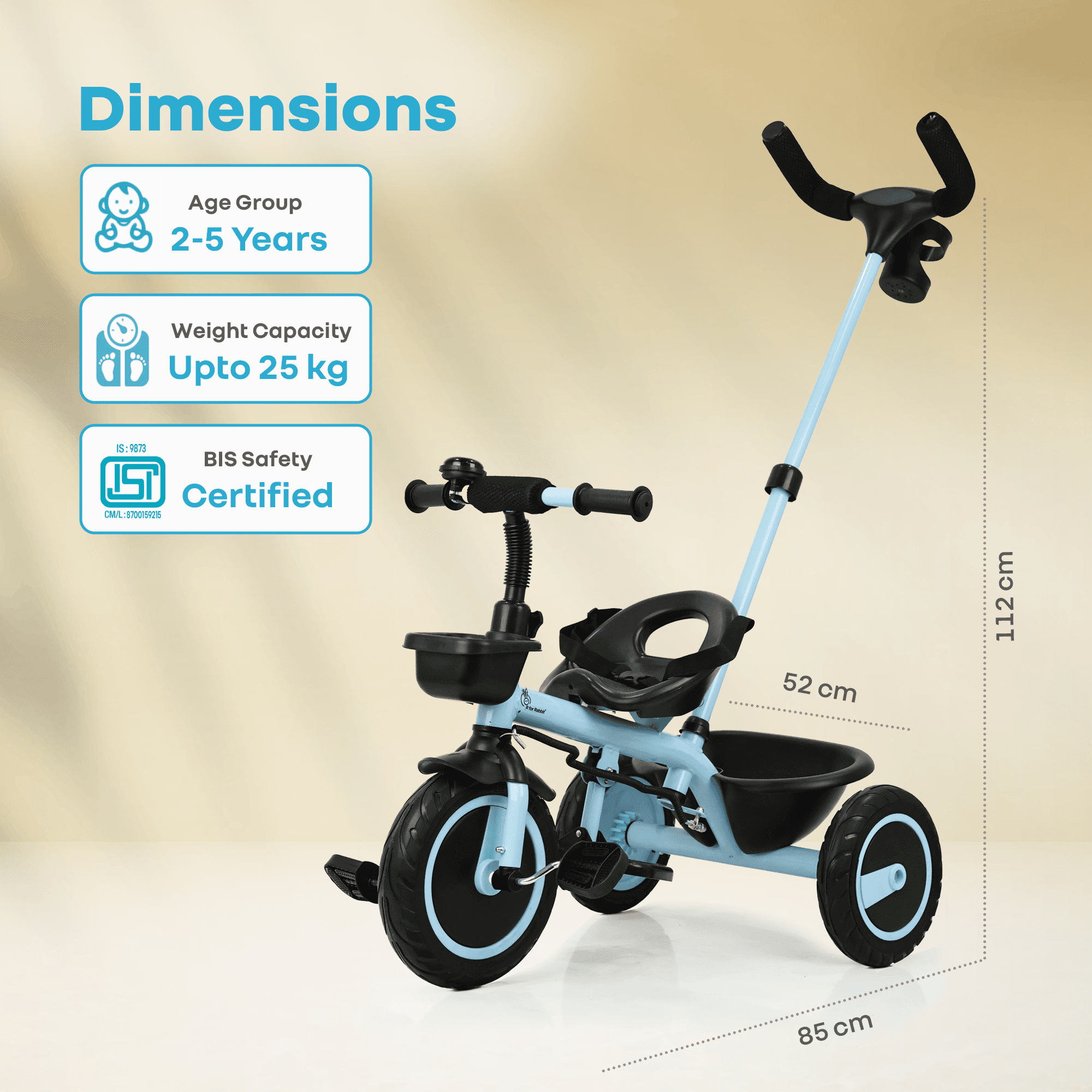 R for Rabbit Tiny Toes R20 Plus Tricycle for Kids with Rubber Wheels, Adjustable Parental Control, Front & Rear Storage Basket | Baby Trike Cycle for 2 to 5 Year, Upto 25 Kgs Boy & Girl (Sky Blue)
