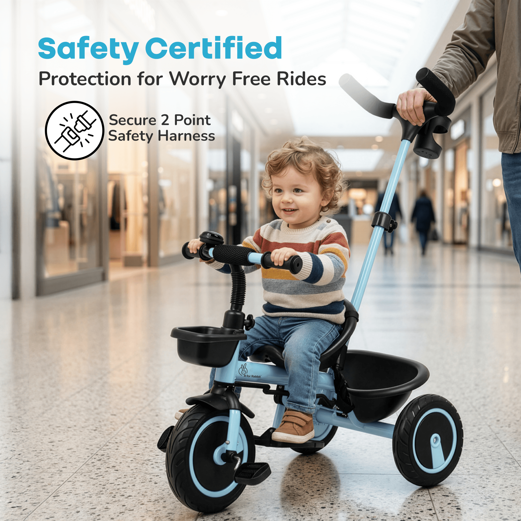 R for Rabbit Tiny Toes R20 Plus Tricycle for Kids with Rubber Wheels, Adjustable Parental Control, Front & Rear Storage Basket | Baby Trike Cycle for 2 to 5 Year, Upto 25 Kgs Boy & Girl (Sky Blue)