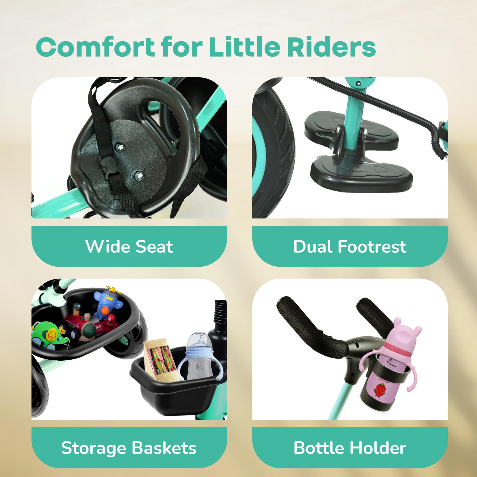 R for Rabbit Tiny Toes R20 Plus Tricycle for Kids with Rubber Wheels, Adjustable Parental Control, Front & Rear Storage Basket | Baby Trike Cycle for 2 to 5 Year, Upto 25 Kgs Boy & Girl (Aqua Blue)