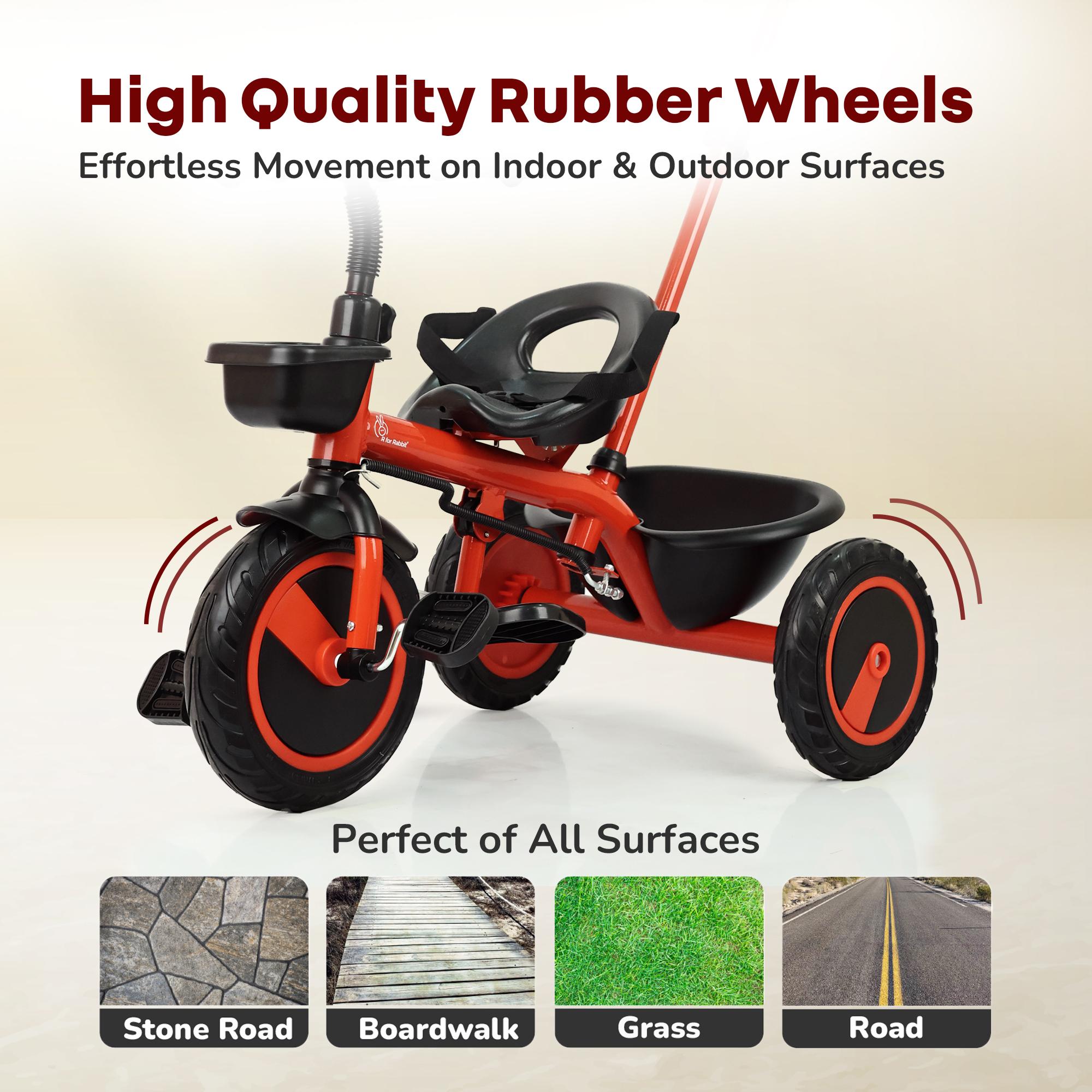 R for Rabbit Tiny Toes R20 Plus Tricycle for Kids with Rubber Wheels, Adjustable Parental Control, Front & Rear Storage Basket | Baby Trike Cycle for 2 to 5 Year, Upto 25 Kgs Boy & Girl (Cherry Red)