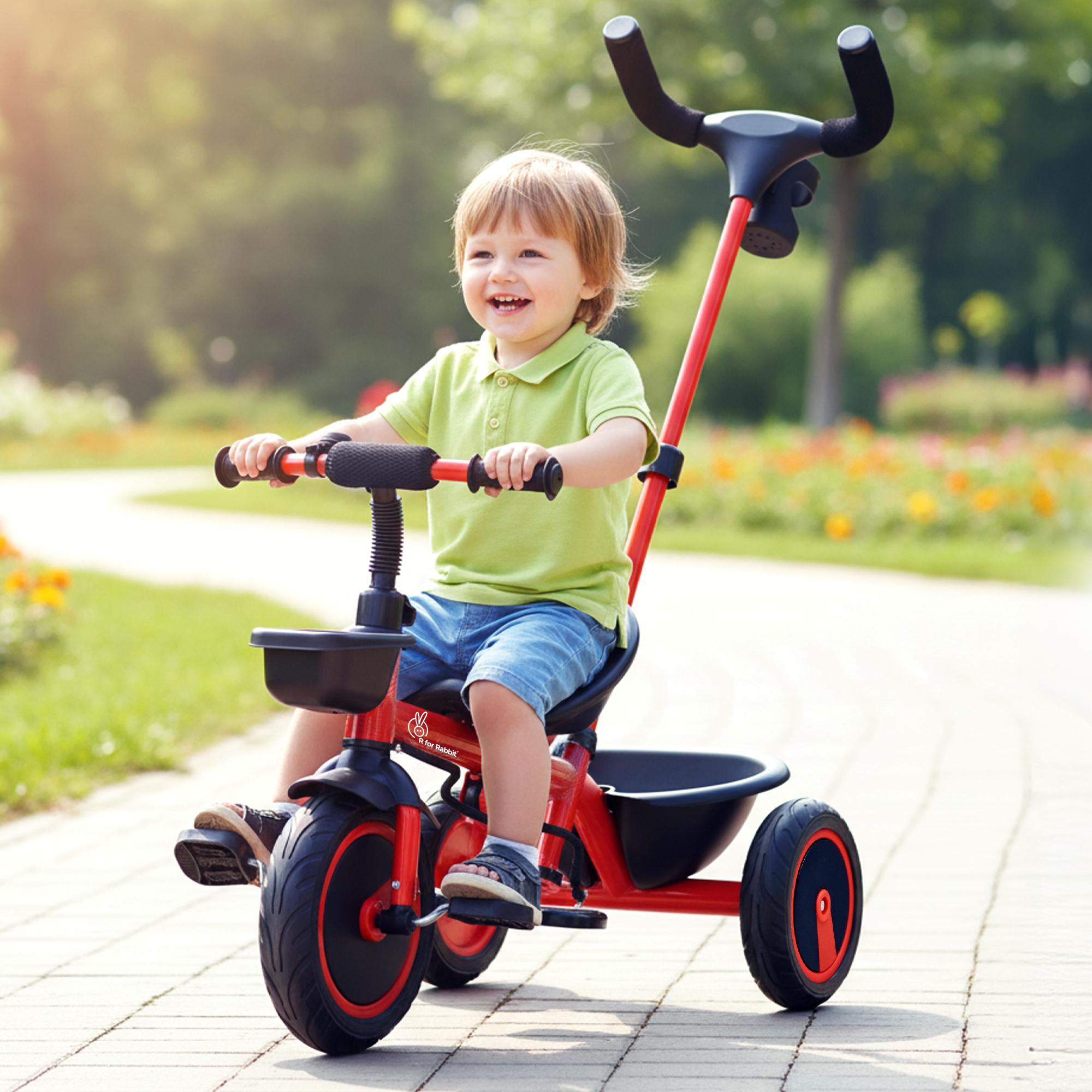 R for Rabbit Tiny Toes R20 Plus Tricycle for Kids with Rubber Wheels, Adjustable Parental Control, Front & Rear Storage Basket | Baby Trike Cycle for 2 to 5 Year, Upto 25 Kgs Boy & Girl (Cherry Red)