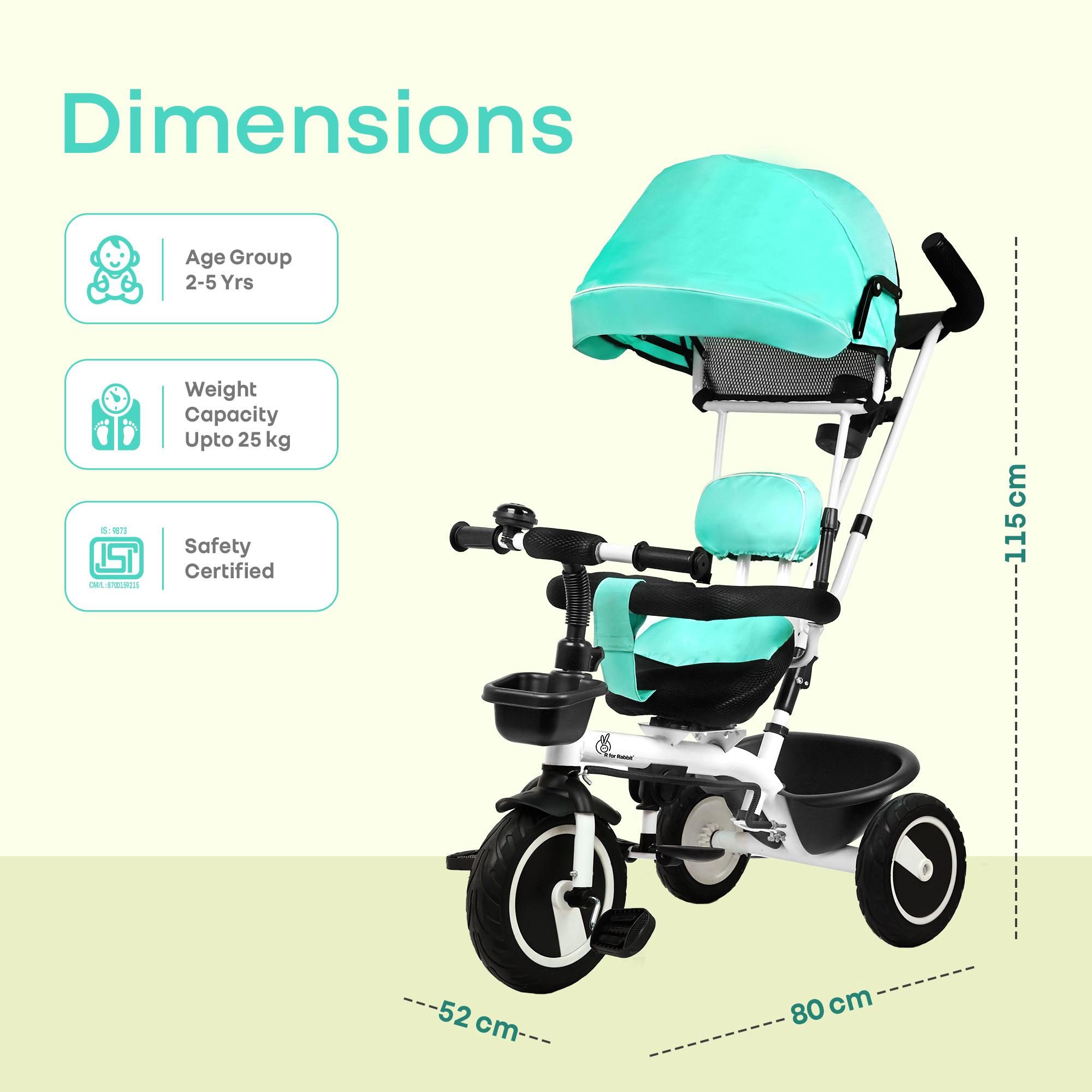 R for Rabbit Tiny Toes R40 Plus Tricycle for Kids with 360° Rotatable Seat, Parental Control Handle, Canopy, Rubber Wheels & Storage Basket | Baby Trike for 2 to 5 Years, Upto 25 Kgs (Lake Blue)