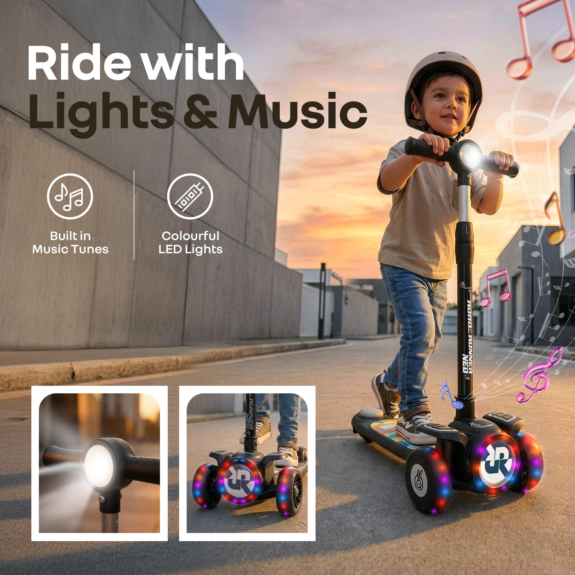 R for Rabbit Road Runner Neo Kick Scooter for Kids with Lights & Music, 4-Level Adjustable Height Gravity Steering, PU LED Wheels for 3+ Years Baby Boys & Girls, Up to 75 KG Weight (Black)