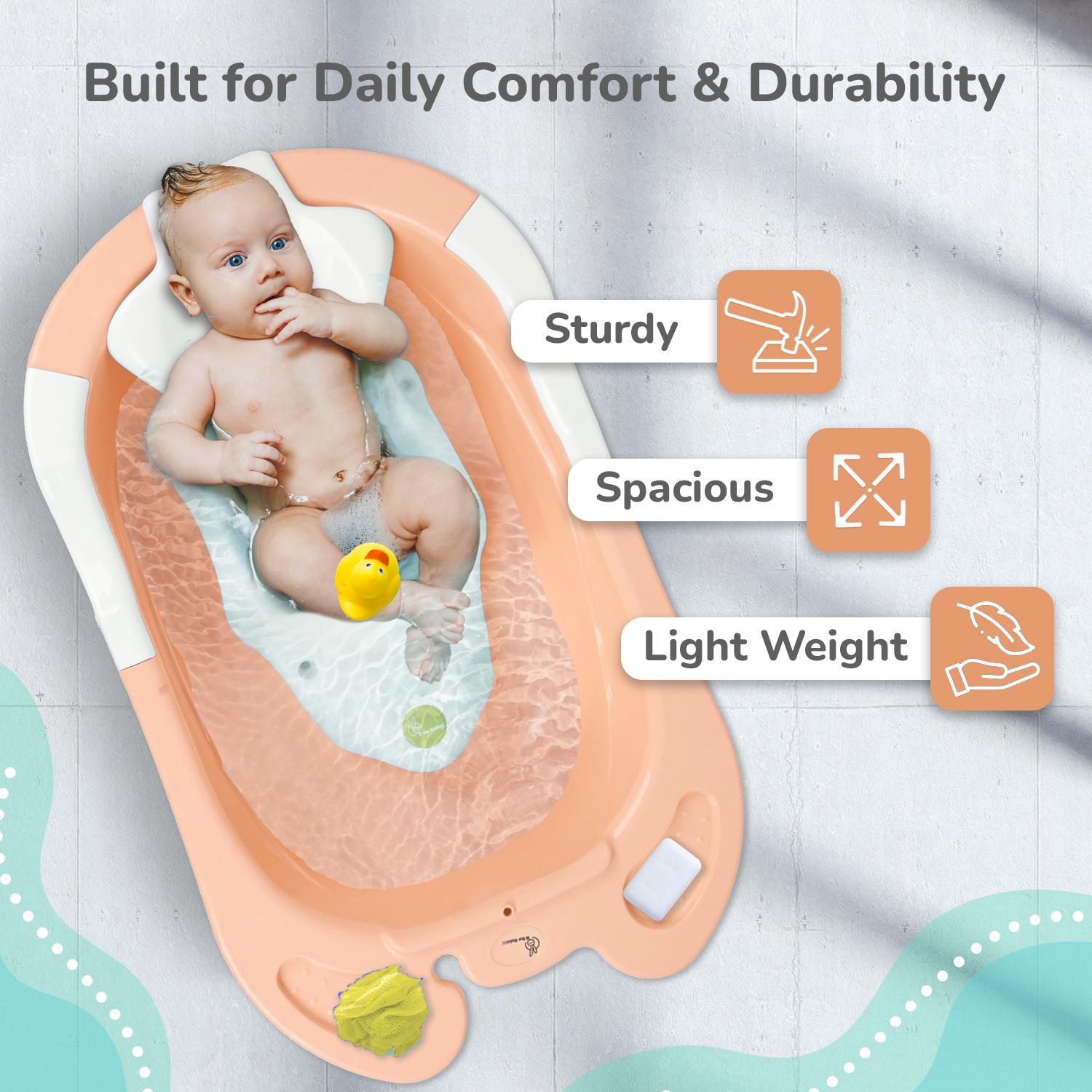 R for Rabbit Bubble Double Snowy Baby Bath Tub, Ergonomic Sling Support, Easy Drainage, Safe & Smooth Edges 0-3 Years Kids Girls & Boys Bather Bathtub for Shower Weight Capacity 15Kgs (Peach White)