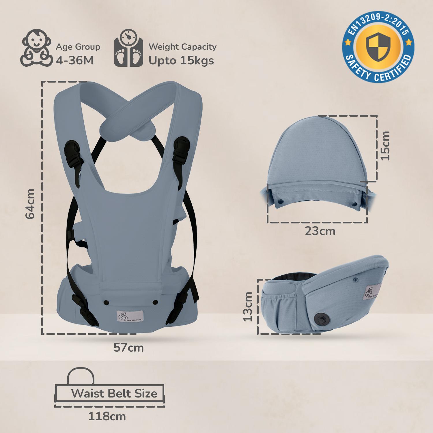 R for Rabbit Baby Carrier for New Born, 5 in 1 Hip Seat Front Carry Position Upsy Daisy Cozy Carrier Adjustable Straps for 4 to 36 Months Kids Weight Capacity Upto 15 Kgs (Grey)