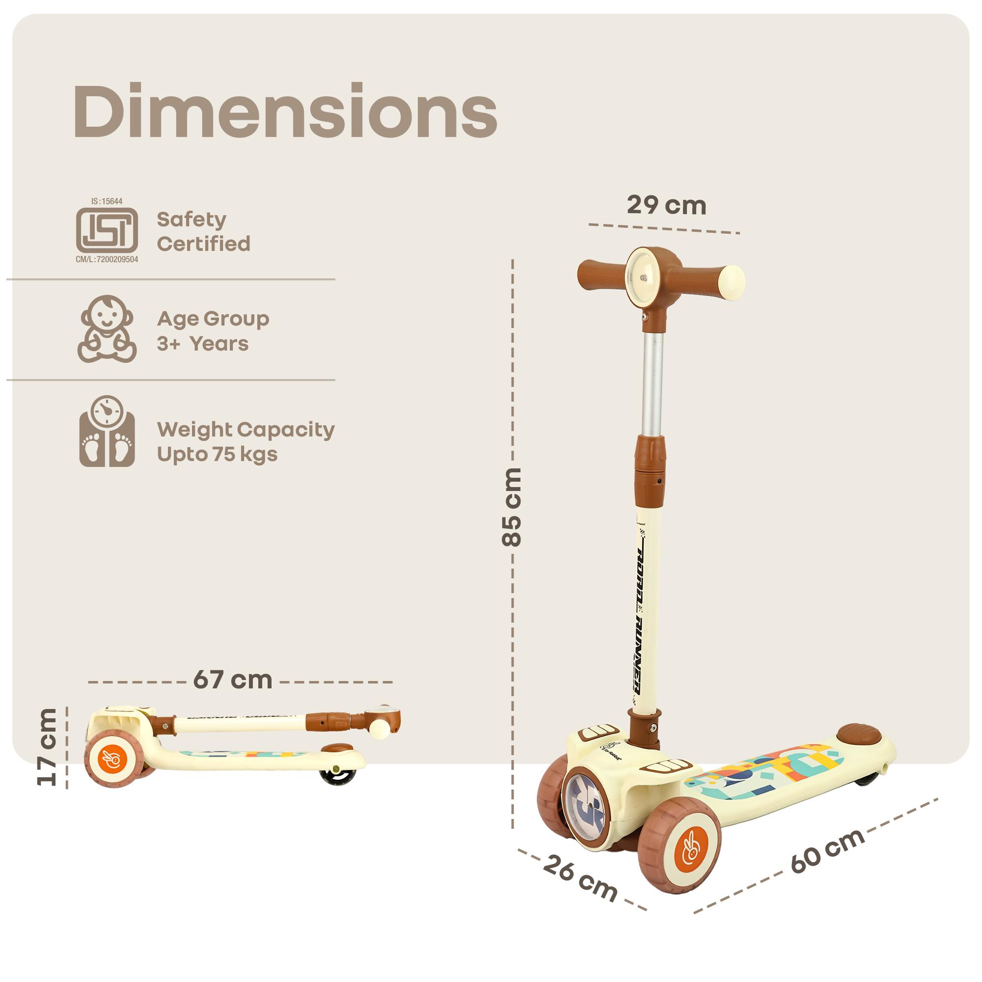R for Rabbit Road Runner Neo Kick Scooter for Kids with Lights & Music, 4-Level Adjustable Height Gravity Steering, PU LED Wheels for 3+ Years Baby Boys & Girls, Up to 75 KG Weight (Cream Brown)