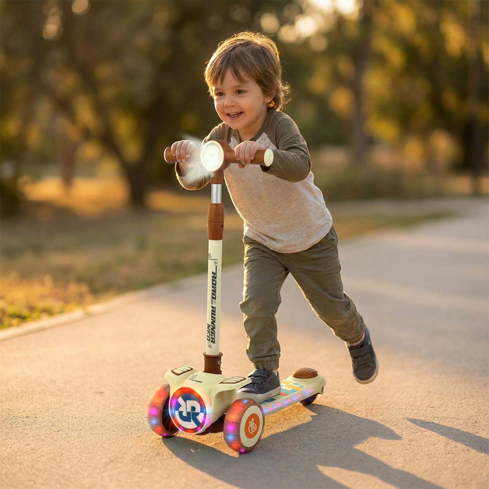 R for Rabbit Road Runner Neo Kick Scooter for Kids with Lights & Music, 4-Level Adjustable Height Gravity Steering, PU LED Wheels for 3+ Years Baby Boys & Girls, Up to 75 KG Weight (Cream Brown)