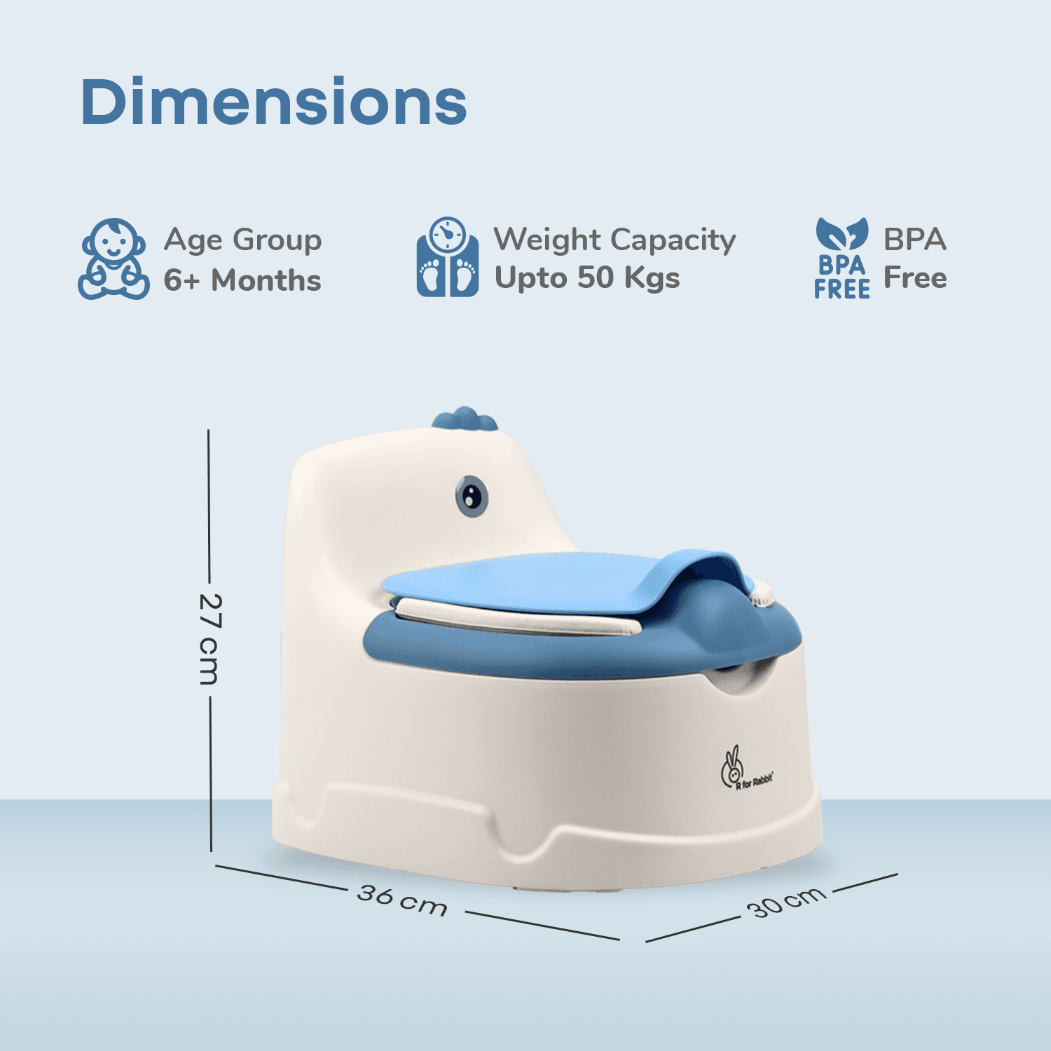 R for Rabbit Tiny Tots Dino Potty Seat Comfortable Potty Training Removable Bowl Anti-Slip Pads Ergonomic Design for New Born Baby/Infant/Kids Weight Up to 50 kg 1 to 7 Years (White Blue)