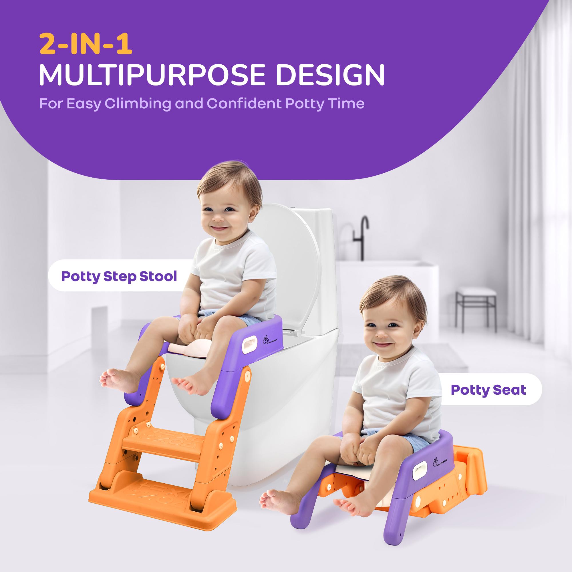 R for Rabbit Hilltop Booster Potty Seat & Step Stool 2-in-1 Multipurpose Anti-Skid Base Adjustable Foldable Supportive Backrest & Soft Cushion Toilet Seat for Kids Baby 1 to 7 Years (Purple Orange)