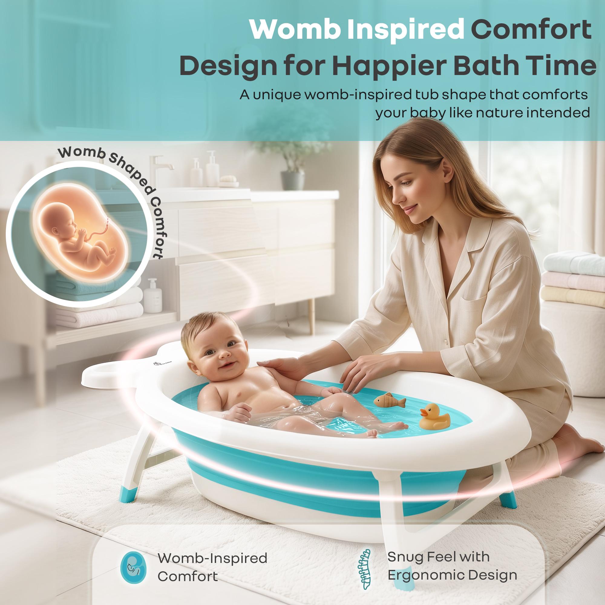 R for Rabbit Bubble Double Finzy Baby Bath Tub Foldable for Kids 9 Months-3 Years | Womb Cocoon Bathtub Design | Anti-Skid Base | Quick Drain Plug | Space Saving Pool Bather with Tray (White Blue)