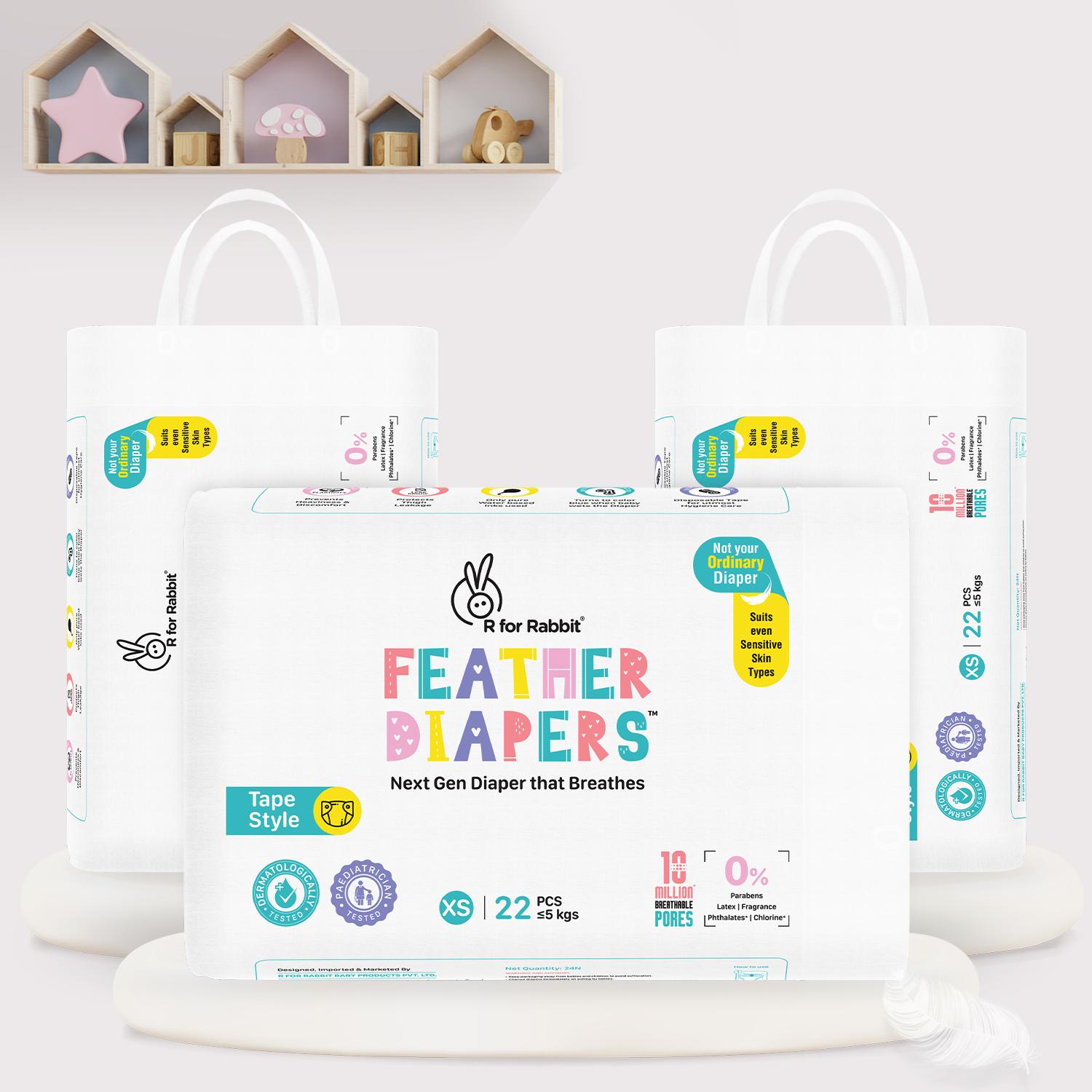 R for Rabbit Feather Diaper Taped Style Pants Size XS|NB for Newborn baby of 0-5 kg (Combo Offer Pack of 66)