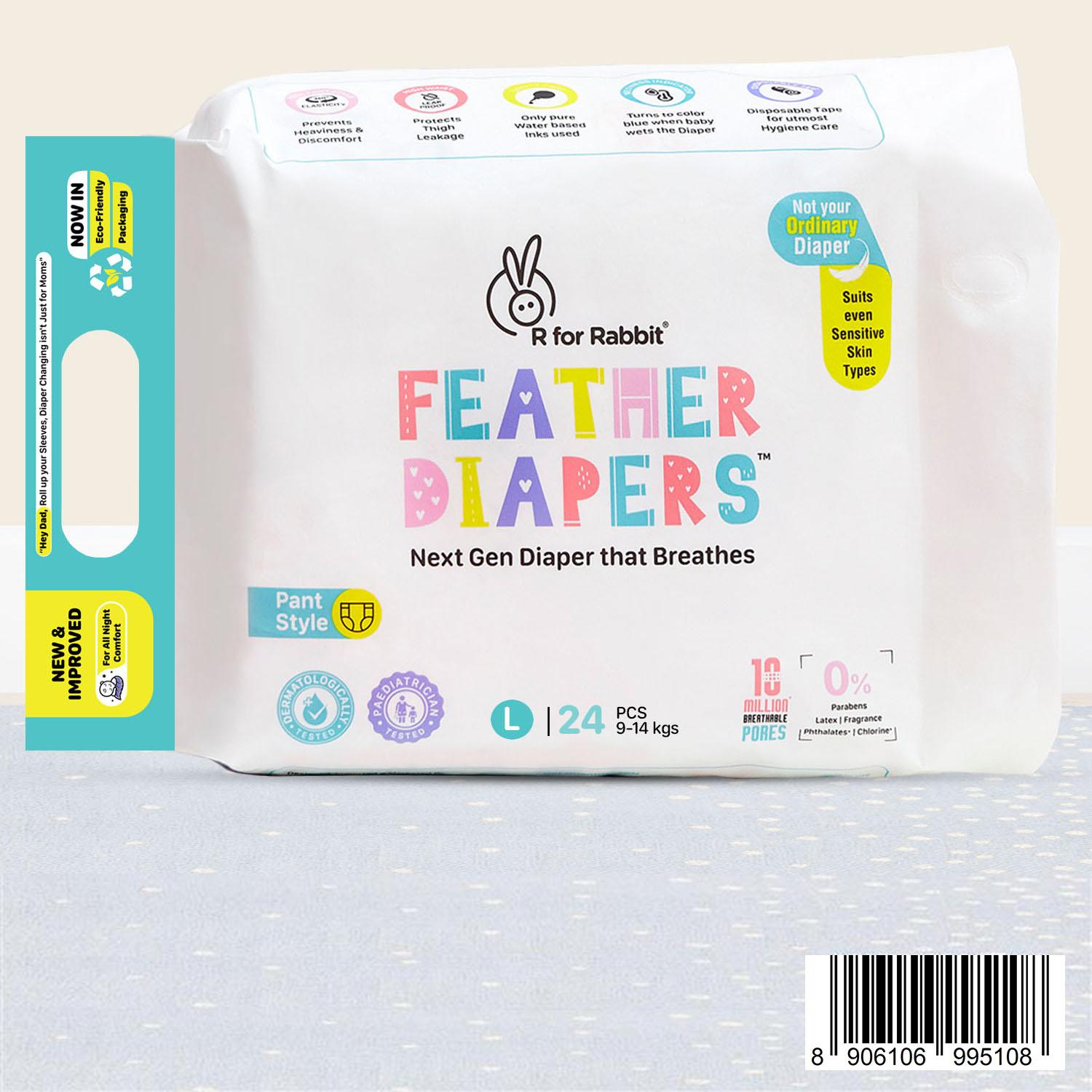 R for Rabbit Feather Diaper Pants Size L| Large for baby of 9-14 kgs (Pack of 24)