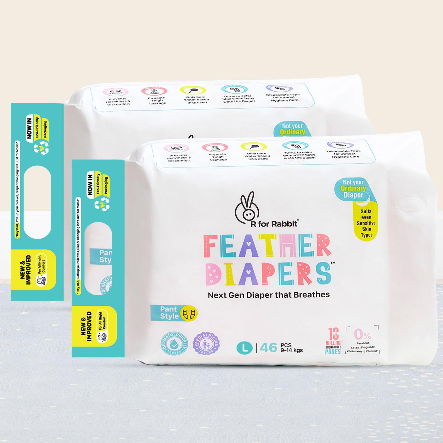 R for Rabbit Feather Diaper Pants Size L| Large for baby of 9-14 kgs (Combo Offer Pack of 92)