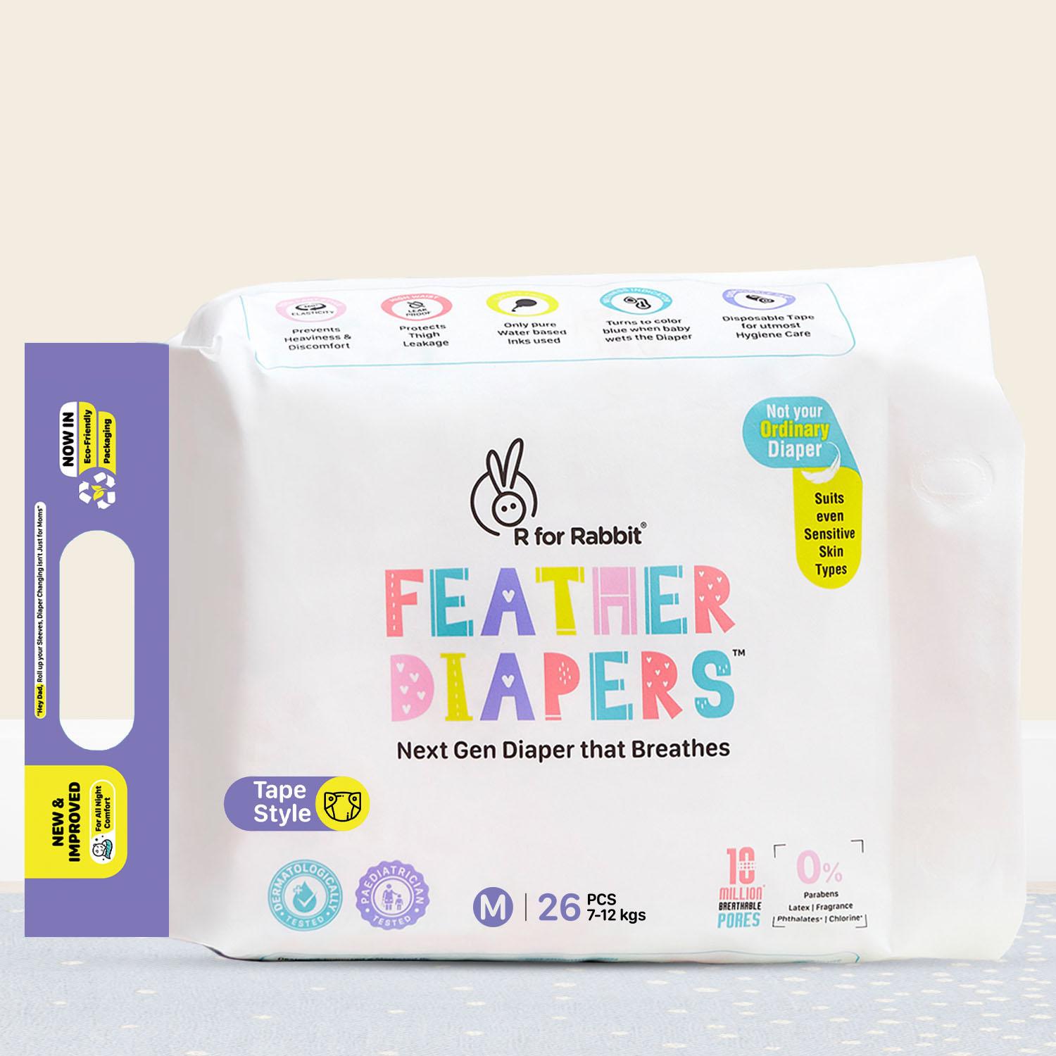 R for Rabbit Tape Style Feather Diaper Medium (M) Size for Baby 7 to 12 kgs 26 Units (26 Count, Pack Of 1)