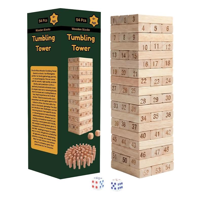 Tumbling Tower mini Wooden Blocks Game, Numbered, 54 Pieces, with 2 Dice, for Ages 3 and Above Boys Girls Puzzle Indoor Party Great Gift