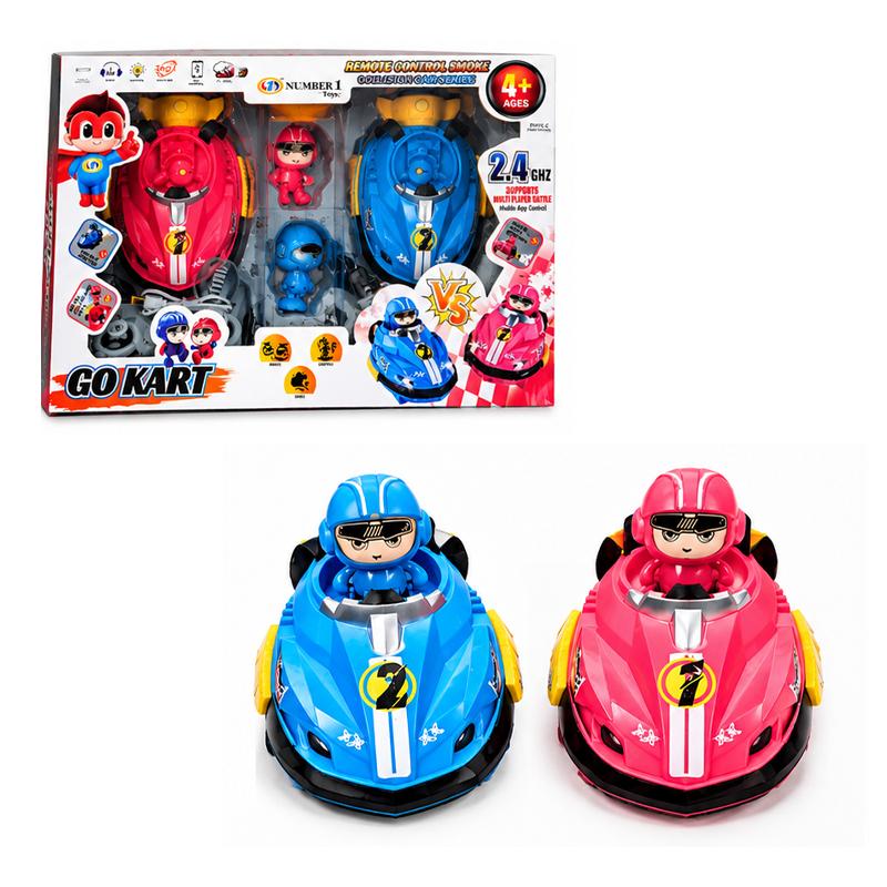 RC Bumper Car Set of 2 with Remote Control & Jump-Out Figures | Dual Speed Modes, 360° Spinning, Lights & Sounds | 2 Player RC Bumper Car Game for Kids