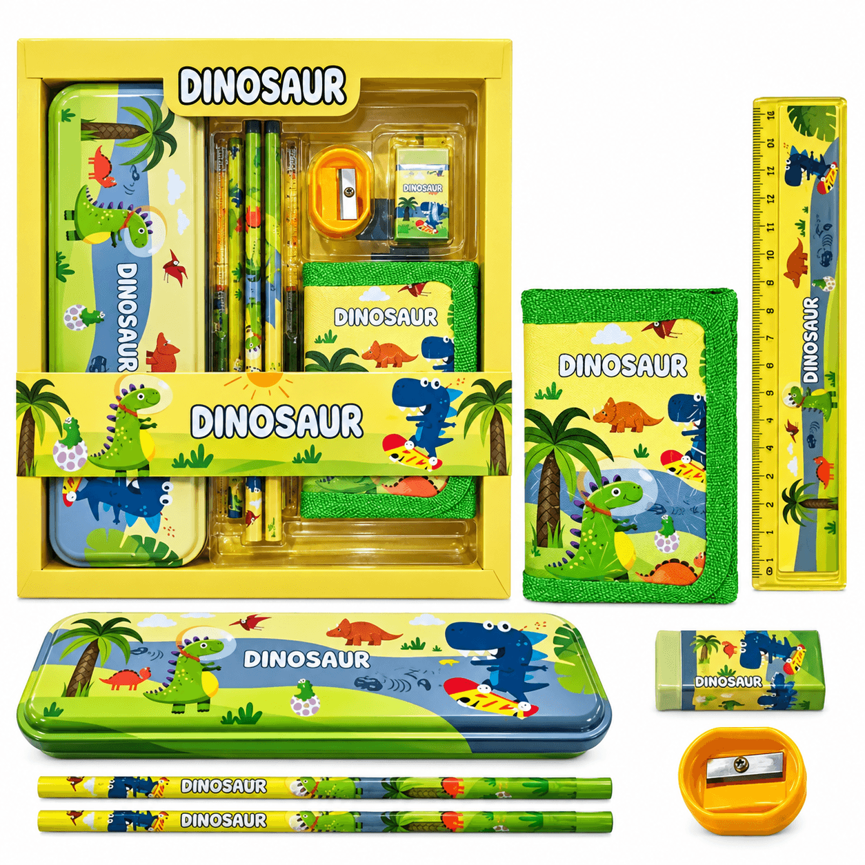 iLearnNGrow Dino Theme Stationery Rakhi Combo – Dino Pencil Box Set with Dino Rakhi for Kids